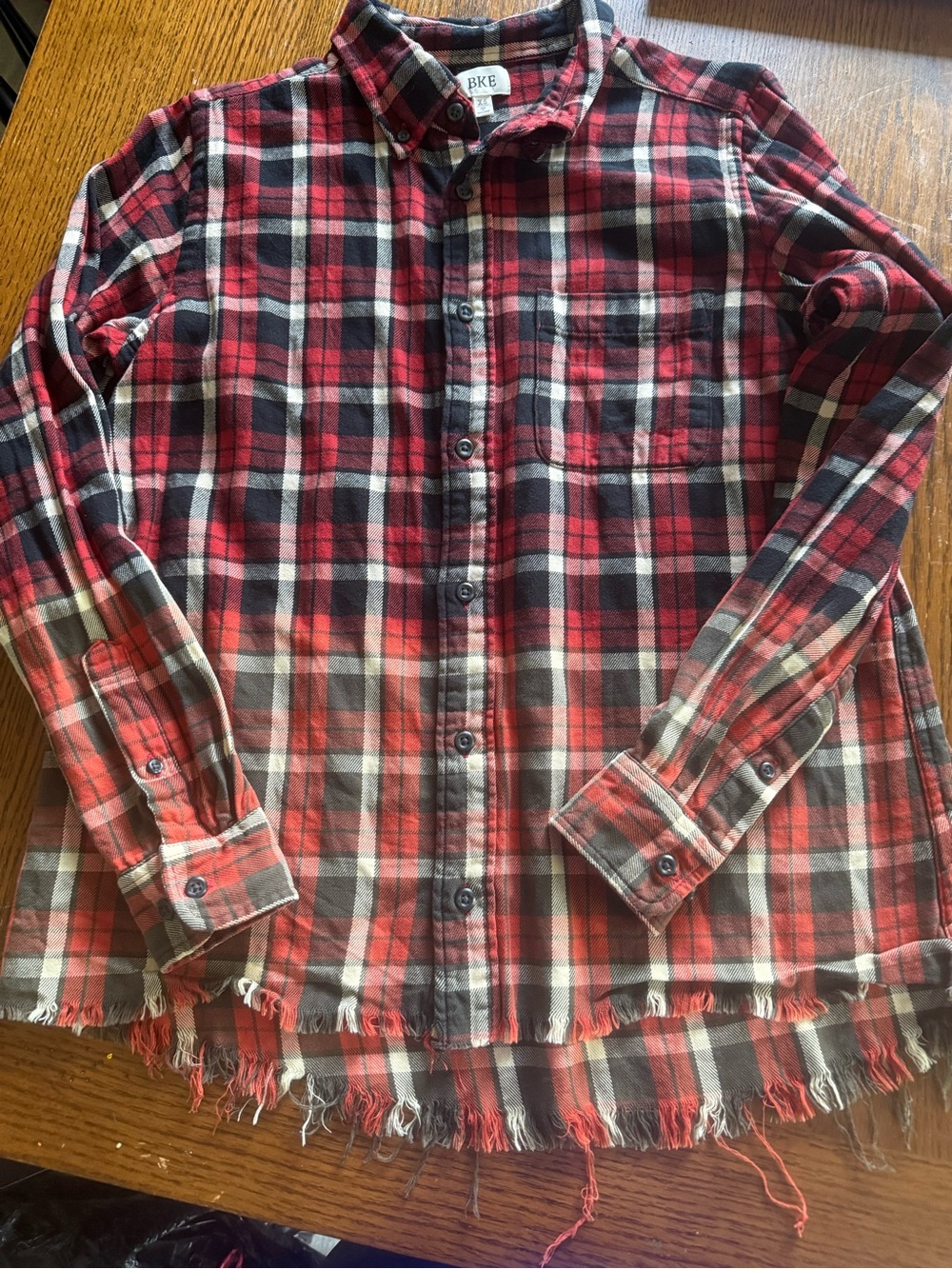 BKE Red Black Plaid Flannel Shirt Raw Fringe Hem Size XS